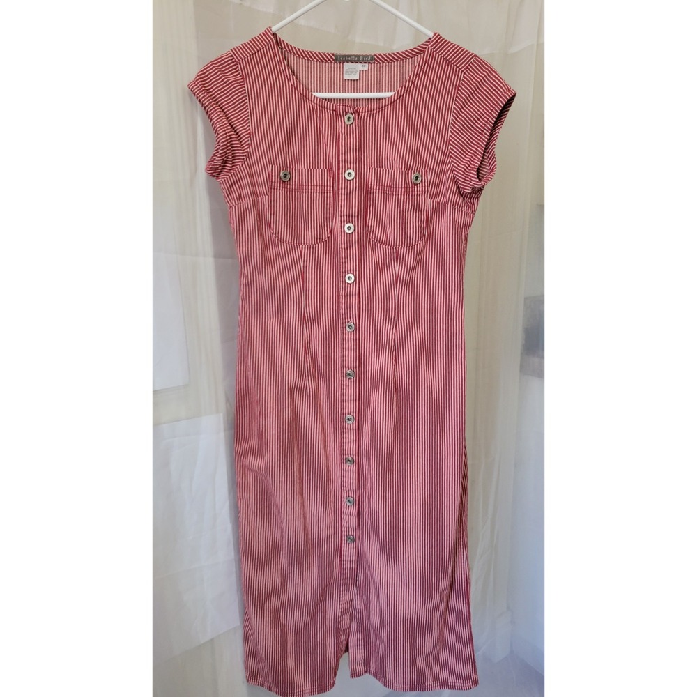 Isabella Bird Womens 100% cotton Vintage Midi Dress Sz 4P  Stripes Americana Red